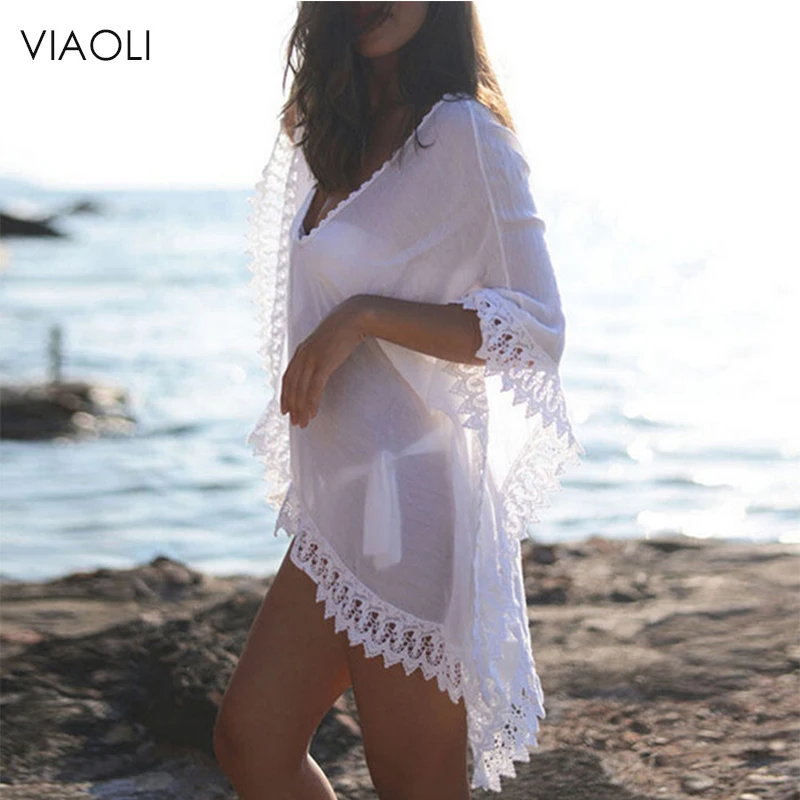

VIAOLI Chiffon Bikini Cover Up Sexy Women Beachwear Summer Kaftan Swim Dress White Lace Crochet Bikini Bathing Suit Swimsuit