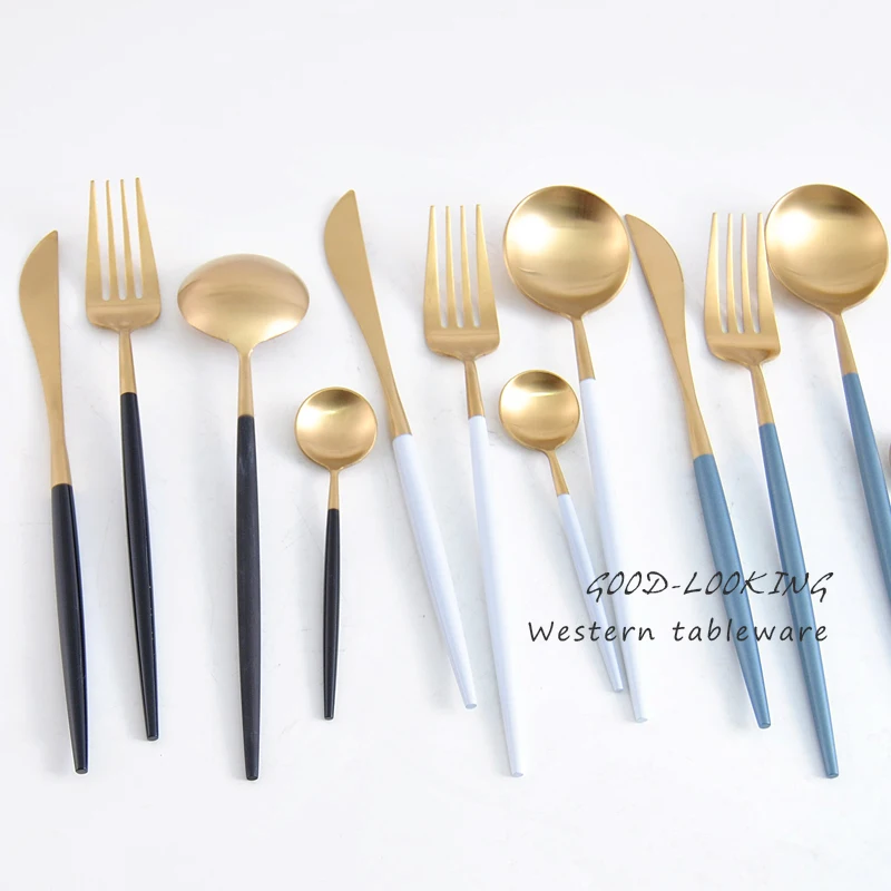 

16 Pcs/set Gold European Dinnerware Knife Fork 304 Stainless Steel Western Cutlery Kitchen Food Portugal Tableware Dinner Set