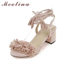 Meotina Design Shoes Women Sandals Summer Tassel Chunk Heels Sandals Heels Cross Strap Ladies Sandals Gladiator Shoes Gray 42 43