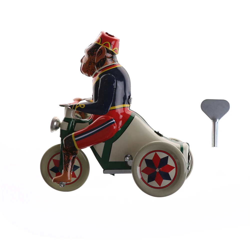 1PC Wind Up Toy Collectible Retro Clockwork Tin Toys Monkey Riding A Car HC 