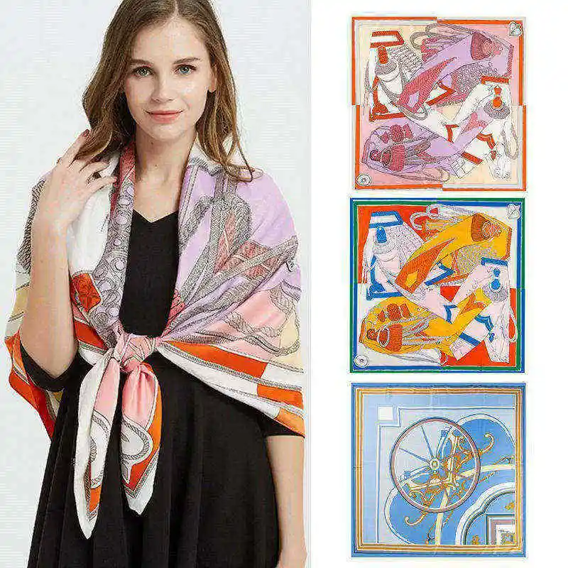 Женский шарф из искусственного шелка, Летний большой шейный шарф из саржевого жаккарда, абстрактная карета-тыква, квадратная пляжная