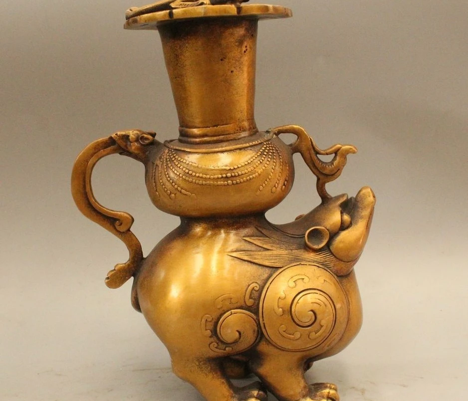

9" Marked China Chinese Dynasty Bronze Mouse Beast Flower Bottle Vase Zun