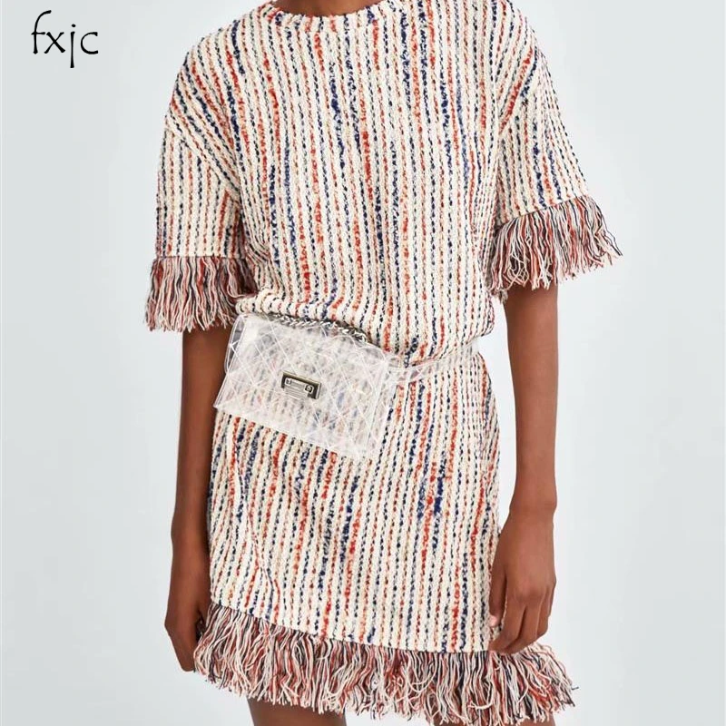 

Loose round neck elegant lady tassel decoration jacquard short sleeve dress 2018 autumn and winter dress 8418