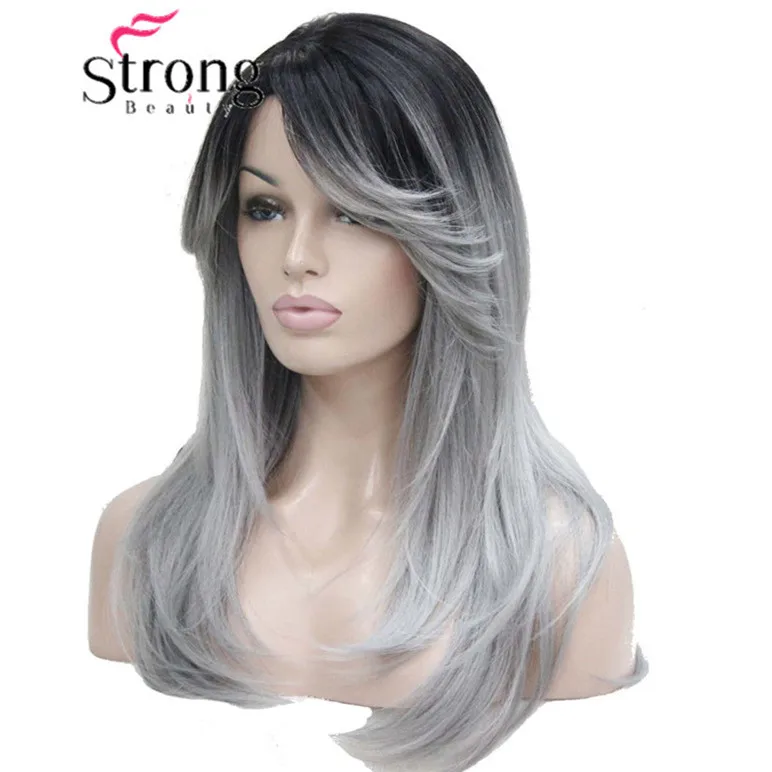 

StrongBeauty Ombre Black Root With Grey Mix High-Quality Heat Ok Long Straight Skin Top Synthetic Wig