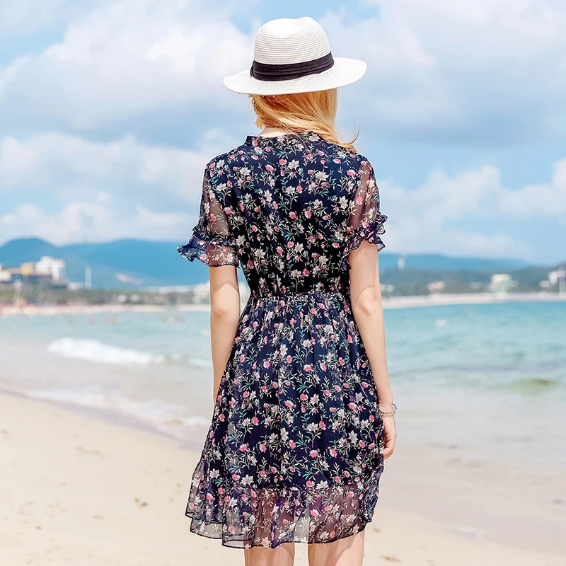 Boho женское летнее шифоновое платье с v образным вырезом и бантом расклешенными