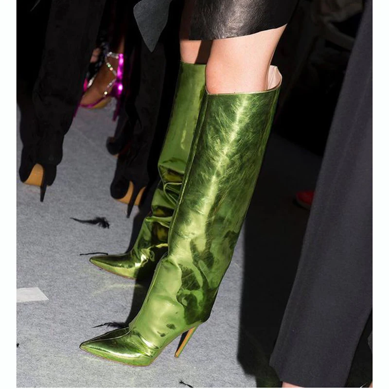 

Runway Women Shoes Mirror Metallic Knee High Green Leather Thigh High Boots Summer Autumn Women Boots Pointy Toe High Heels