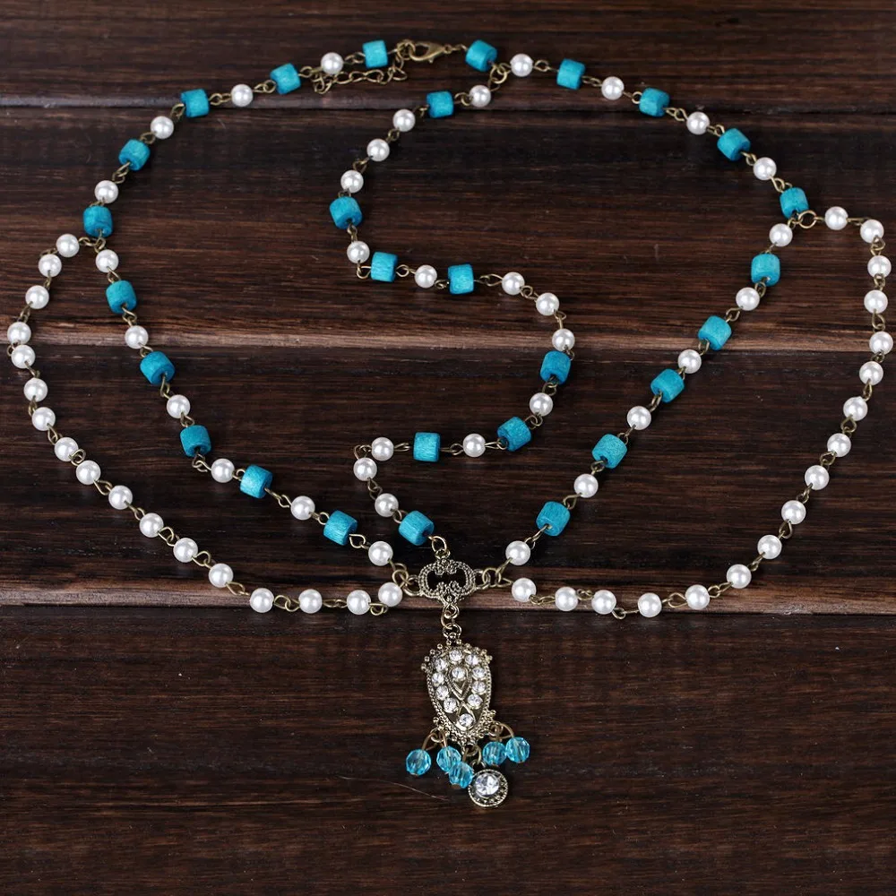 Романтическая индийская тиара с искусственным жемчугом на лбу в богемном стиле, Винтажные Украшения для волос с кристаллами, синие деревянные бусины, цепочка на голову с кисточкой