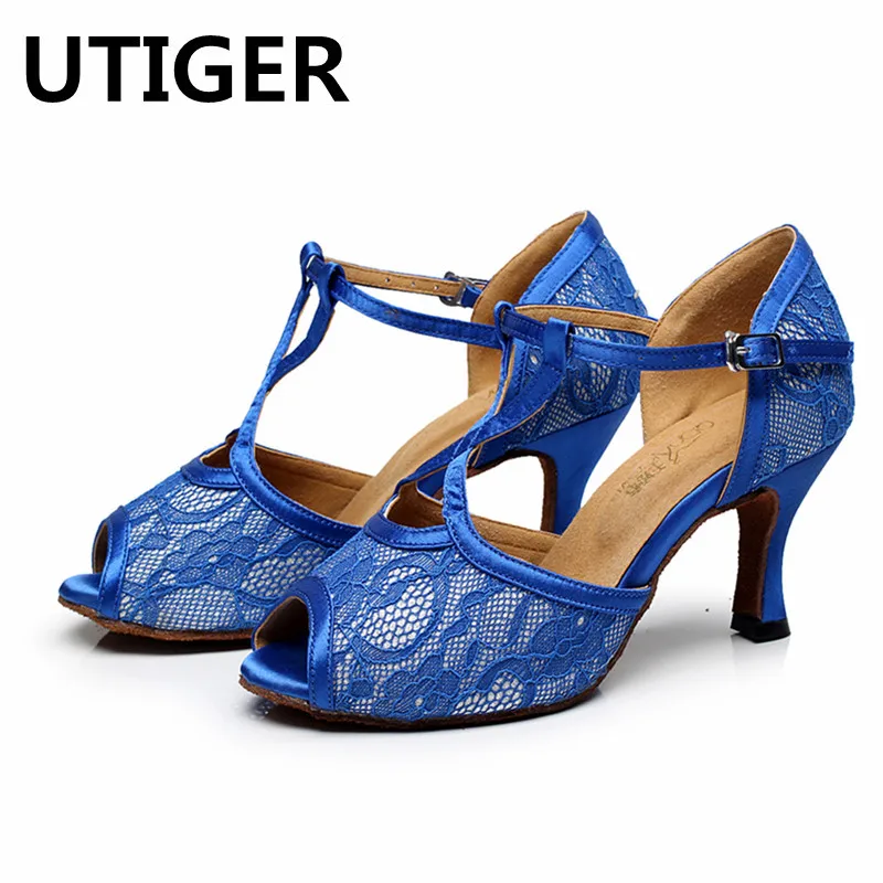 Blue Satin Women Latin Dancing Shoes Lady Ballroom Dance Shoes High Heel 6CM 7CM 8CM Soft Sole