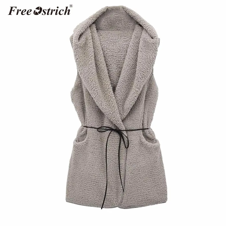 

Free Ostrich Vest Women Winter Warm Wool Blend Waistcoat Sleeveless Hooded Coat Solid Belt Pocket veste femme N30