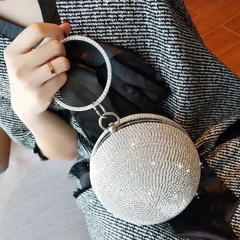 

Gold ball Wristlets Bag Full diamond silver circular handbag Mini Tote famous Handbag Wedding Bridal Evening Purses Clutch Bag