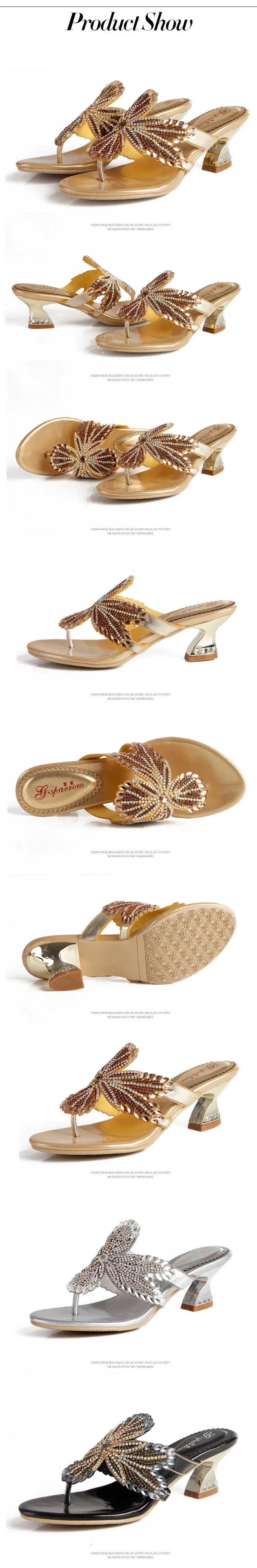 G-sparrow 2018 Summer New Fashion Rhinestones Princess Sandals Women Thick Heel Slippers Shoes Gold Silver Black 8cm3