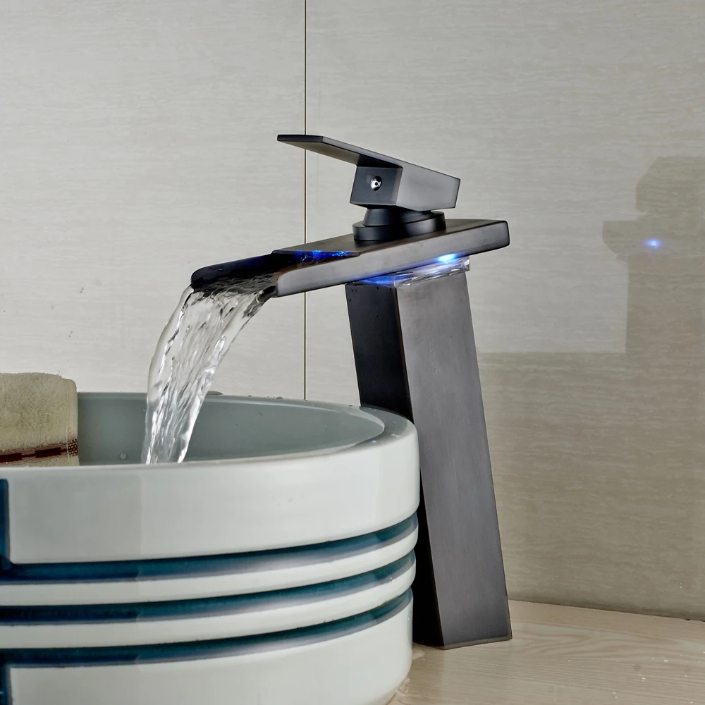 

Oil Rubbed Bronze Finished Deck Mounted Bathroom Sink/Basin Faucet With LED Waterfall Spout