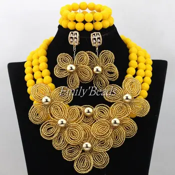 

Yellow Nigerian Wedding Indian Costume Bridal Jewelry Set African Artificial Coral Beads Necklace Set Gold Flowers CJ555