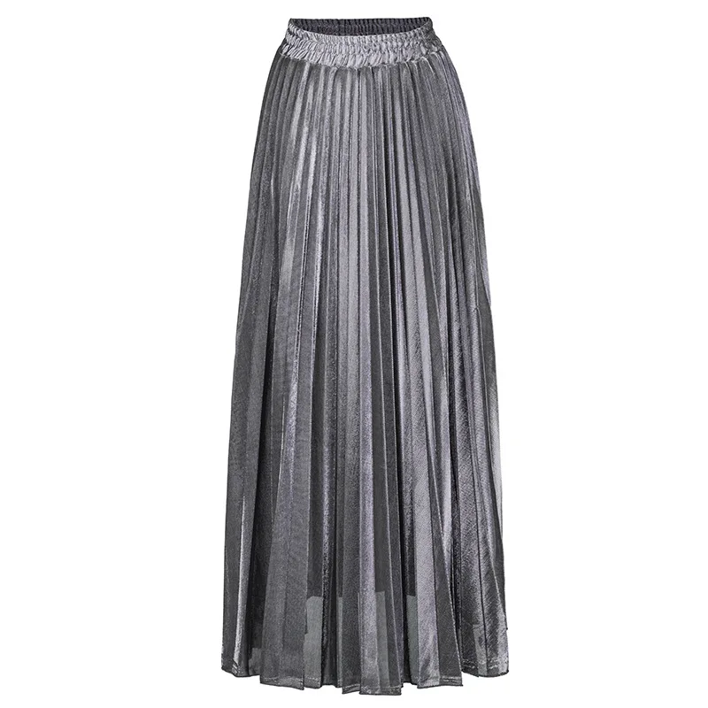 Qooth Весенняя юбка женская юбка с эластичным поясом ретро блестящая элегантная металлизированная плиссированная юбка трапециевидная длинная юбка макси QH1758