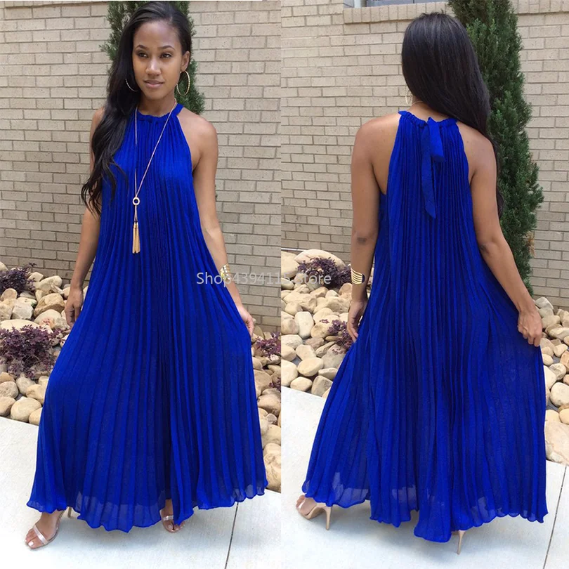 

Casual 2019 summer dress for women pleated party dress vadim white Solid Color drress halter sleeveless dress elegant sundress