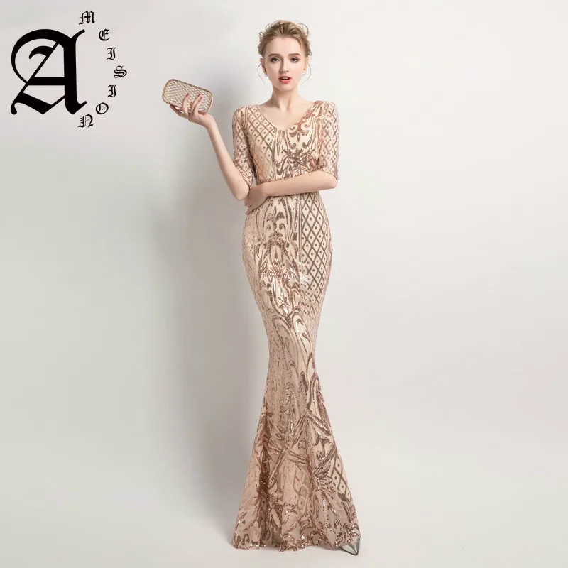 

2019 Party Long Prom Dress Mermaid Sequins Dress Half Sleeve Women's Elegant Evening Dresses