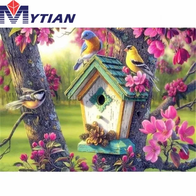 Pink Blossoms Birds in Birdhouse 5D Diamond Painting Art Kit Mosaic Rhinestones Wall Stickers Embroidery Home Decoration | Дом и сад