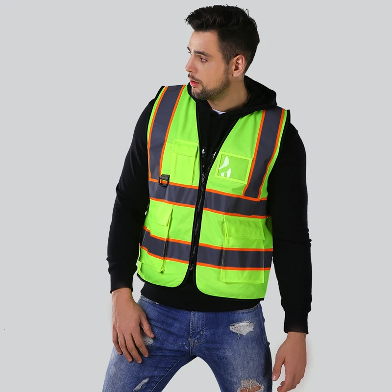 ANSI высокая видимость жилет безопасности с карманами и молнией hi vis жилет со светоотражающими полосками Спецодежда