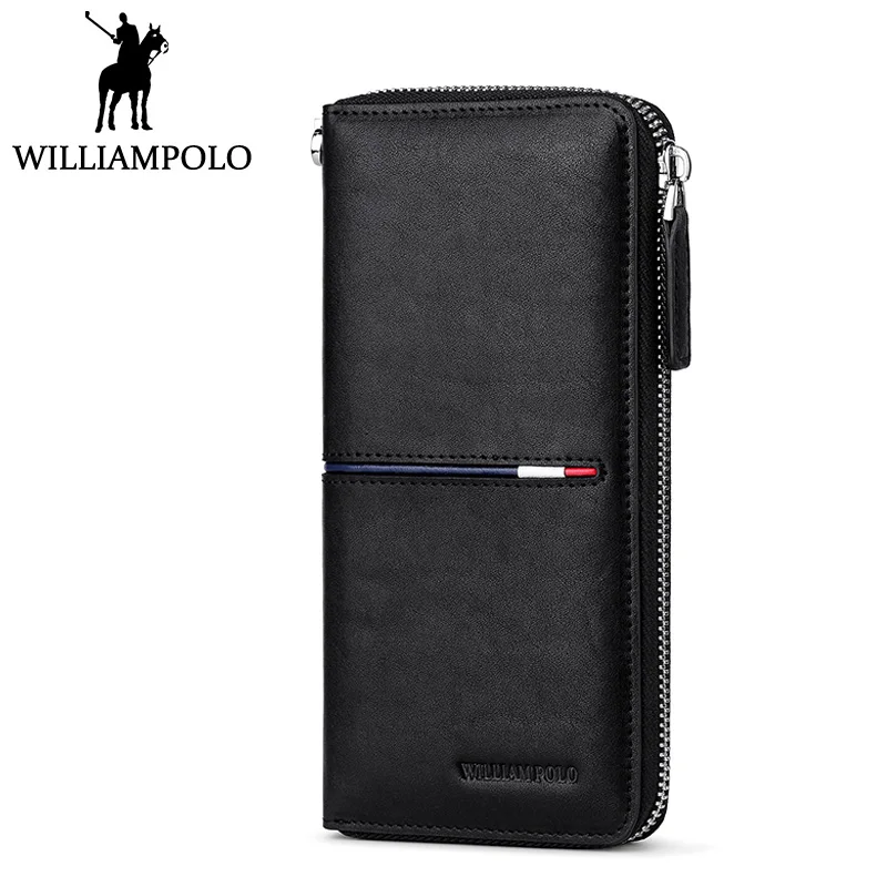 

WILLIAMPOLO Genuine Leather Long Wallet Men Zipper Clutch Wallet Luxury Brand Male Purse Black Business Men's Gift Husband Pouch