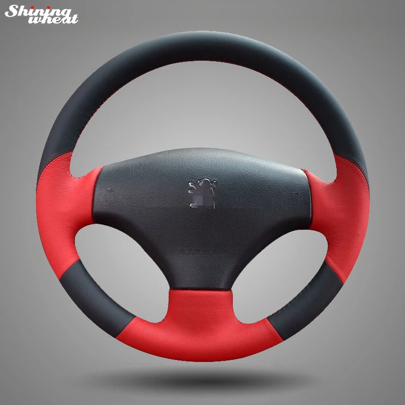 Чехол на руль BANNIS для Peugeot 206 2007 2009 /207 черный красный кожаный прошитый