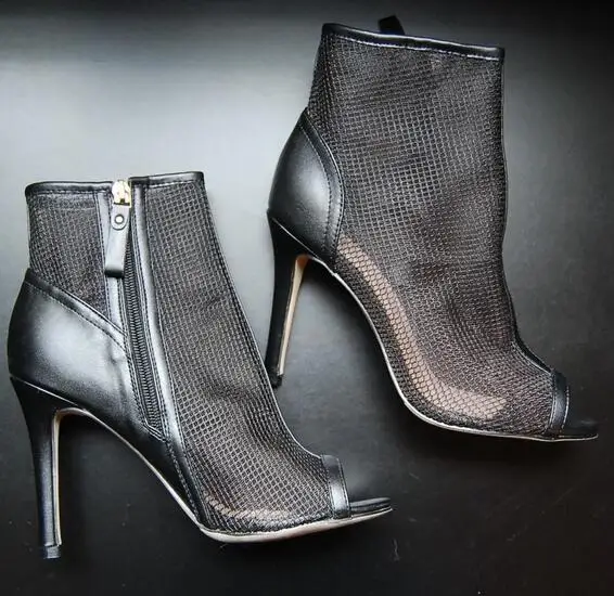 

Woman summer black solid net peep toe ankle boots Ladies thin high heel cool boots Dress shoes Party shoes SIZE 35-43