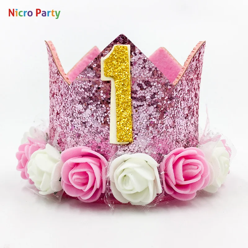 Nicro Flower Crown Birthday Hat Children's Birthday Party Decoration Cake Cap Photo Props Headwear Sequin Hat#Oth182