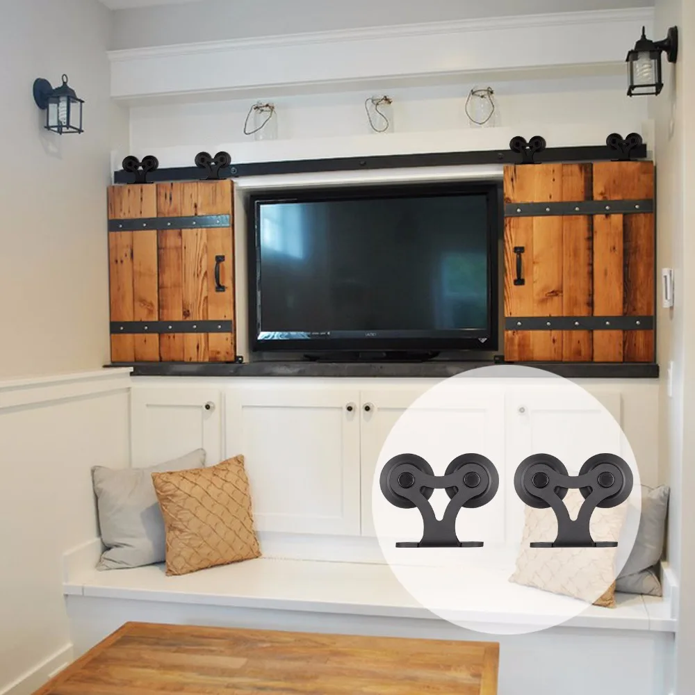 LWZH American Style Black Steel Sliding Barn Door Hardware Kit Double T Shaped Track Roller font