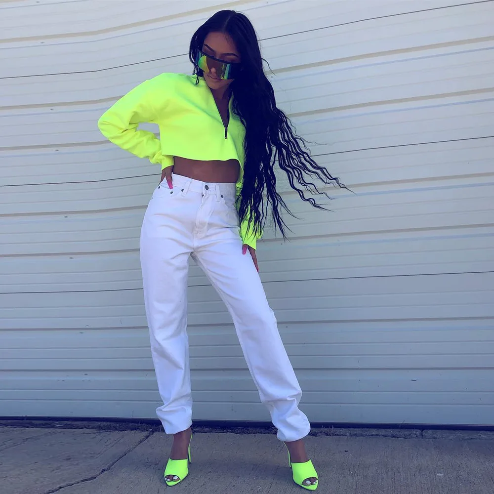 Auyiufar Neon Green Long Sleeve Sweatshirt Zipper Fly Cropped Fashion Loose Streetwear Knitted Hooded Shinning Moletom Women Top Auyiufar Neon Green Long Sleeve Sweatshirt Zipper Fly Cropped Fashion Loose Streetwear Knitted Hooded Shinning Moletom Women Top