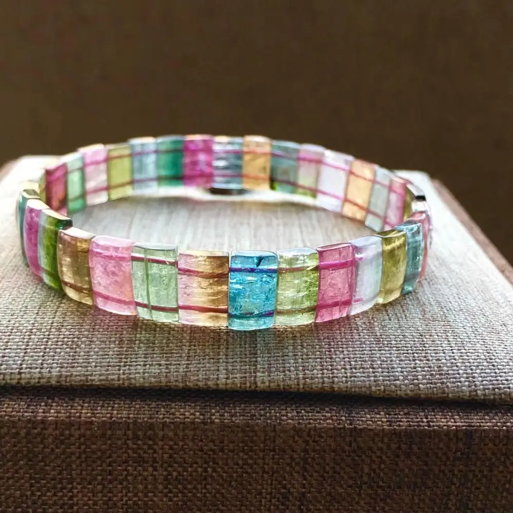 

100% Genuine Colorful Natural Watermelon Tourmaline Gemstone Bracelets 10mm Women Stretch Crystal Rectangle Beads Bangle AAAAA