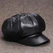 Женская восьмиугольная шляпа из натуральной кожи, шапка художника из овечьей кожи, модная черная кепка