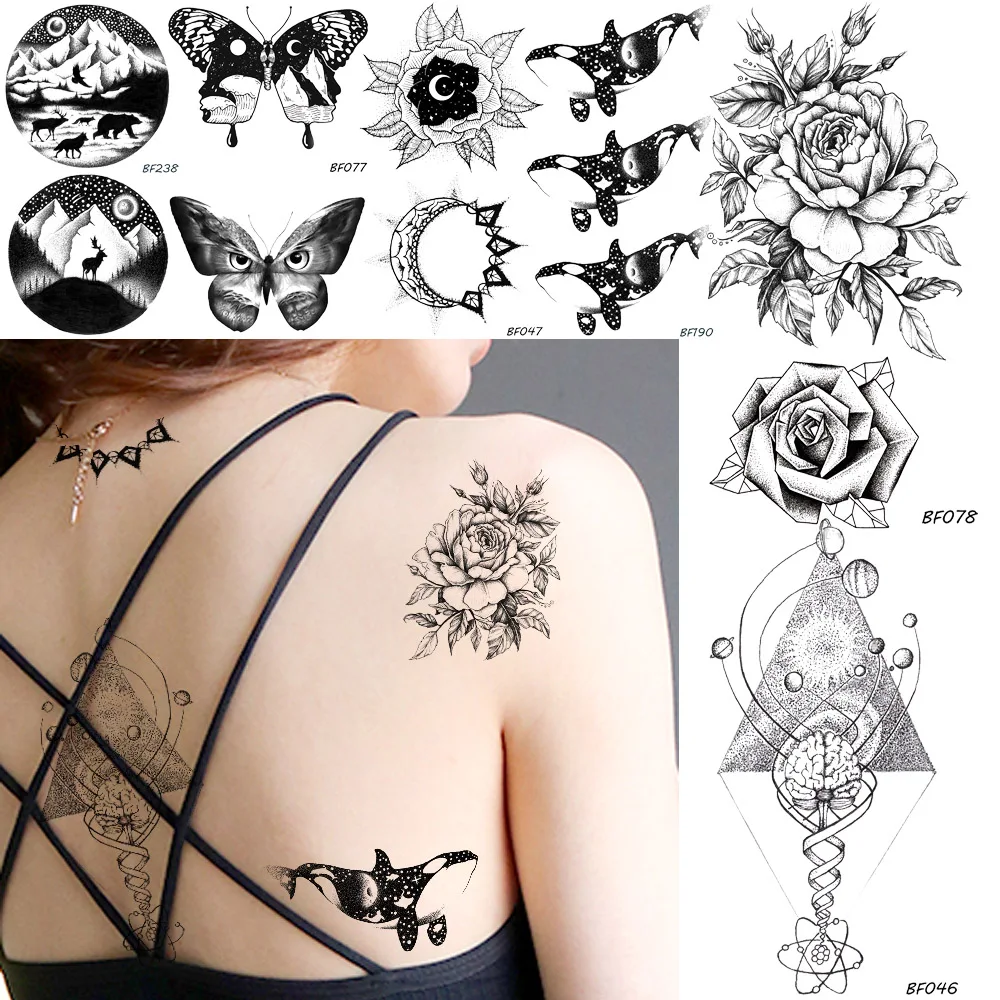 Baofuli водонепроницаемый временная татуировка геометрической формы стикер женский цветок поддельные татуировки бабочка мужской боди-арт рука сексуальная черная Татуировка Роза