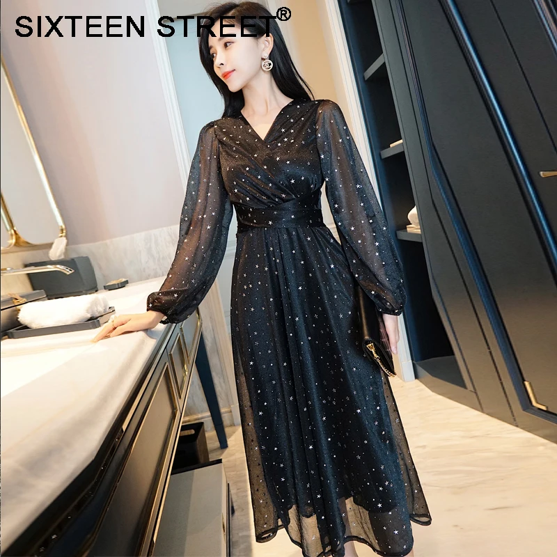 

New spring V neck bling dress woman long sleeve causal show slim long-sleeved female long black dress lantern sleeve