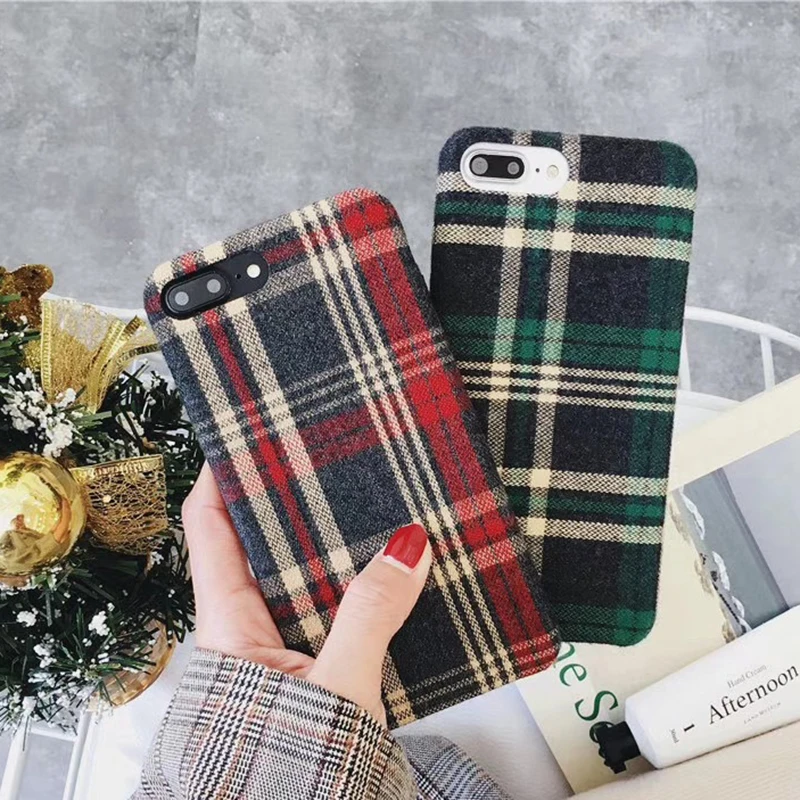 Vintage Lattice Case for iPhone 7 8 6 6S Plus Soft Cloth British Style Plaid XS Max XR Coque Christmas Girly |