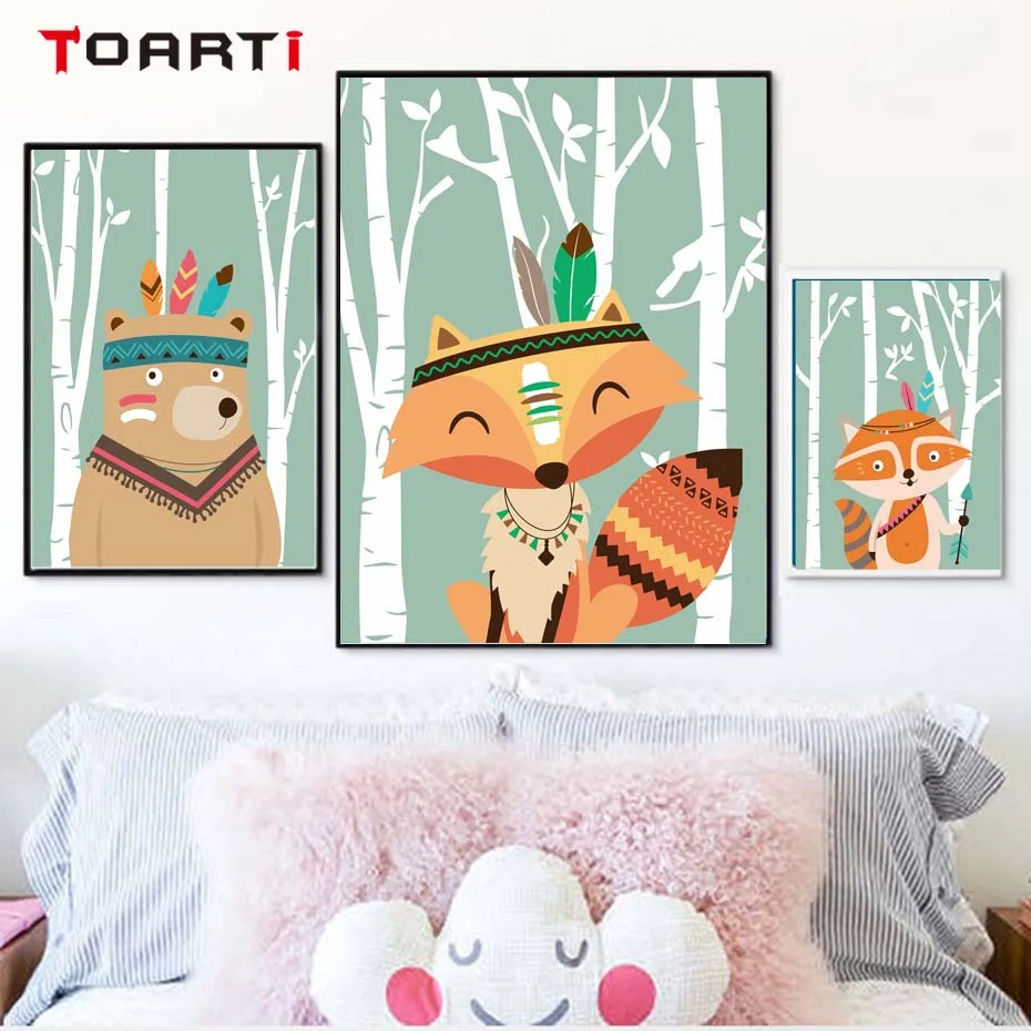 Woodland Fox Cartoon Animals Art Murals Poster&Prints Canvas Painting Kids Bedroom For Christmas Gift Picture Modern Home Decor (2)
