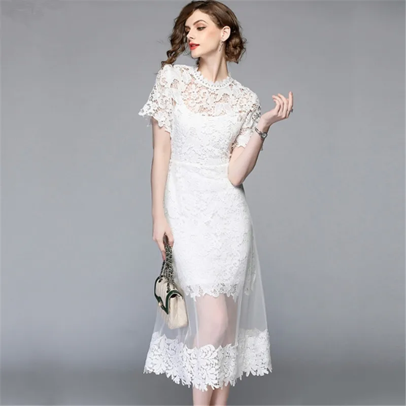 Summer Female Mesh Patchwork Long Lace Dress Women O-Neck Work Casual Party Slim Sexy White Dresses Vintage Vestidos | Женская одежда