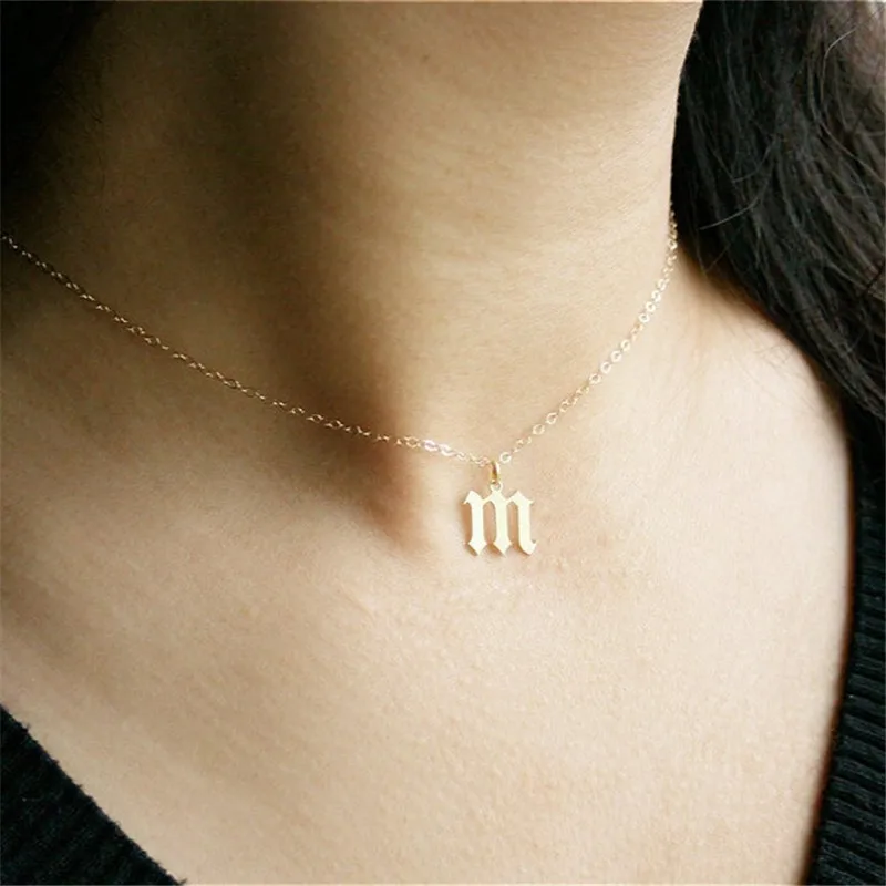 

Tiny Gold Old English Initial Letter Necklace Gothic Style Initial Necklace Minimalist Jewelry For Girlfriend Gift