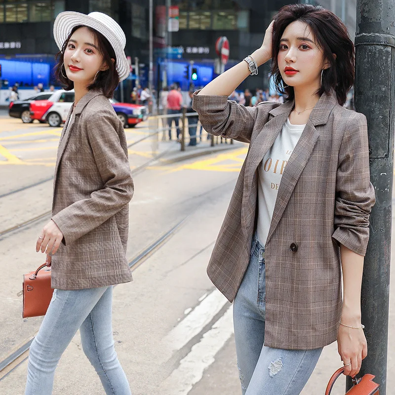 

Chic plaid small suit 2019 spring and autumn new British style retro casual suit female loose fashion coat tide