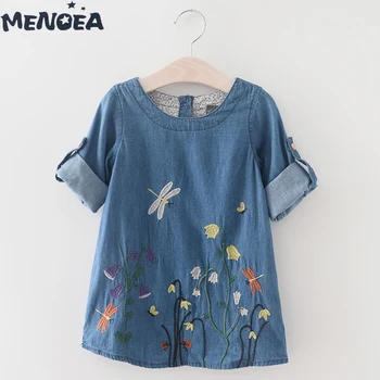 

Menoea Girls Dresses New Cartoon Round Neck Children Casual Clothes Butterfly Embroidery Denim Kids
