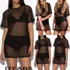 Hot 2022 Sexy Cover Up Women Swimsuit Sheer Mesh Bikini Short Sleeve Crew Neck Loose Summer Sexy Swim Beachwear ► Photo 1/6