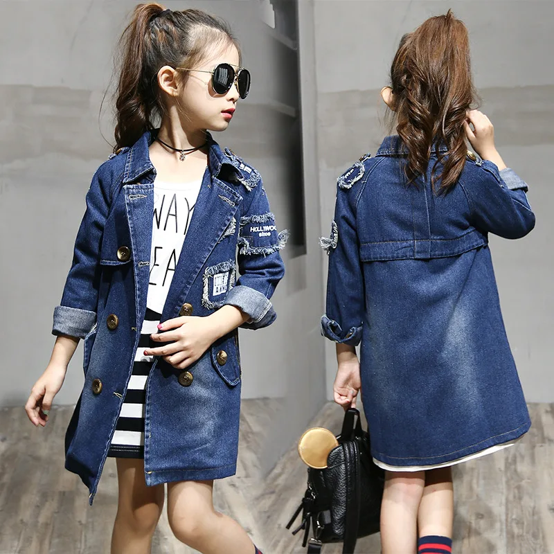 

2018 Girls denim Jackets Fashion Double-Breasted Denim Coats New Kids Trench Coat For Girl Long Jackets Autumn Children Clothing