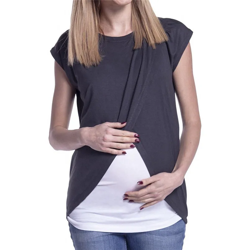 Maternity Clothes Breastfeeding Clothes Summer Maternity Nursing Wrap Top Short Sleeves Double Layer Blouse T-Shirt JE04#F (3)