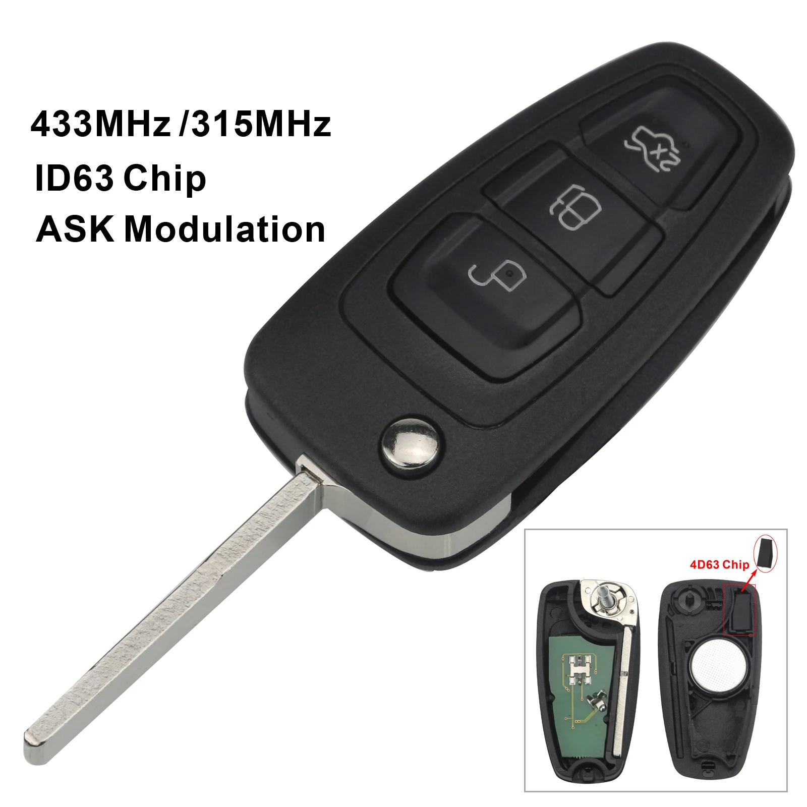 Top jingy!   uqin 3 Button ID63 Chip 433/315MHZ Flip Keyless Entry Fob For Ford Focus Fiesta Remote Key Control ASK Signal HU101 Blade 4