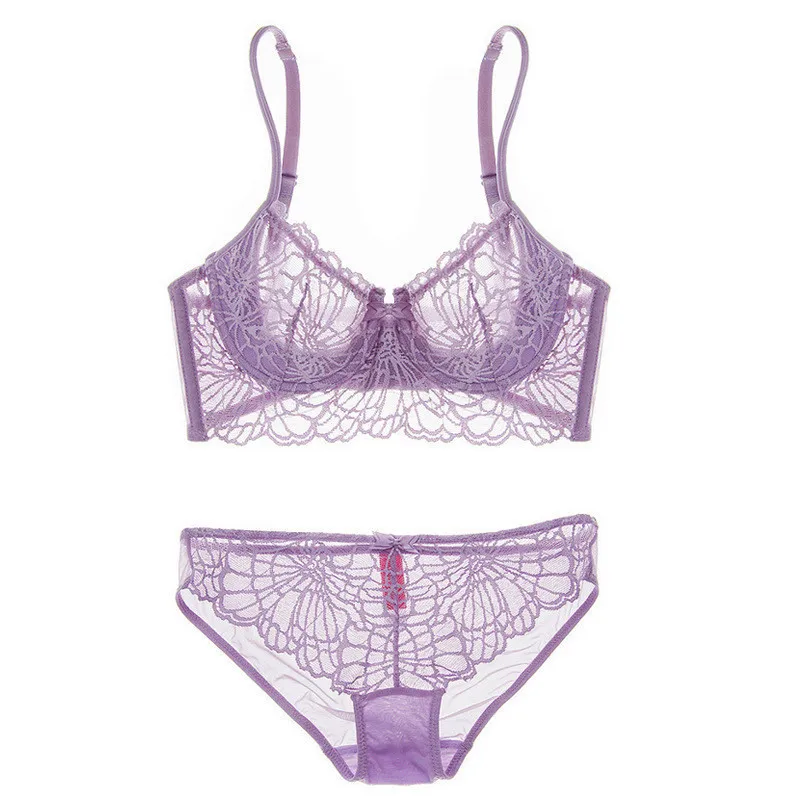 Purple Новинка, кружевное белье, ультратонкий бюстгальтер, комплект для женщин, сексуальный бюстгальтер, пуш-ап, бюстгальтеры, комплекты нижнего белья, большие размеры, регулируемые Лифчики и трусики - Цвет: Purple