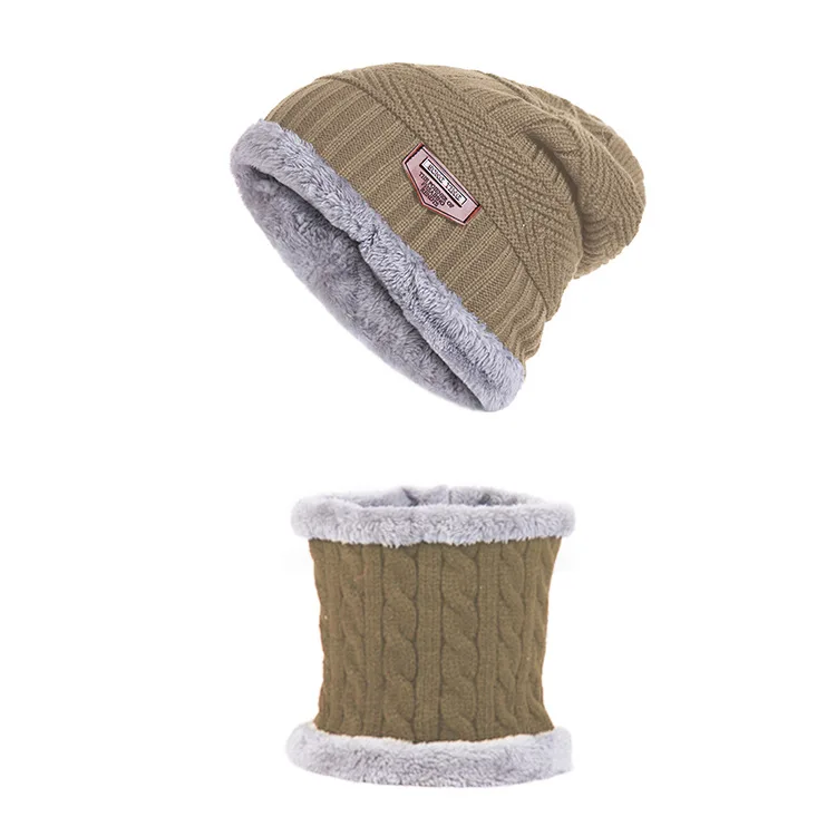 Khaki Set Теплая вязаная шапка, шарф, набор, меховая шерстяная подкладка, толстые теплые вязаные шапочки, Балаклава, зимняя шапка для мужчин и женщин, шапка Skullies Bonnet - Цвет: Khaki Set