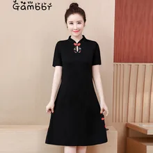 Черное китайское стильное платье-Чонсам размера плюс, элегантное высококачественное винтажное платье Ципао с коротким рукавом и вышивкой