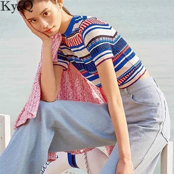 

2018 Winter Women Striped Sweater Runway Short Sleeve O neck Korean Ladies Knitted Sweaters Knit Striped Pullovers Tops Clothing