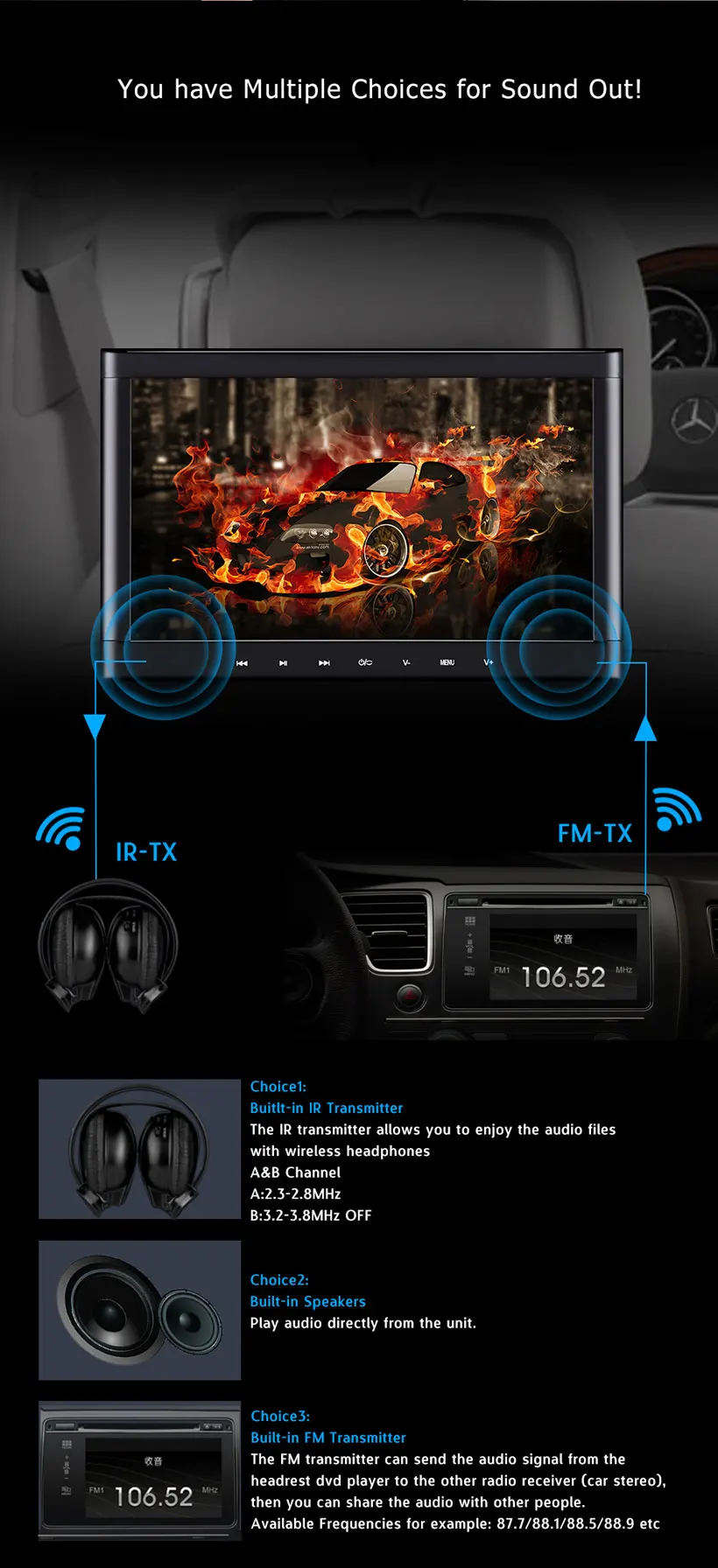 10.1 дюйм(ов) HD цифровой 1024*600 подголовник автомобиля Мониторы dvd плеер с HDMI+ 720 P встроенный ИК /fm-передатчик/Беспроводной игры
