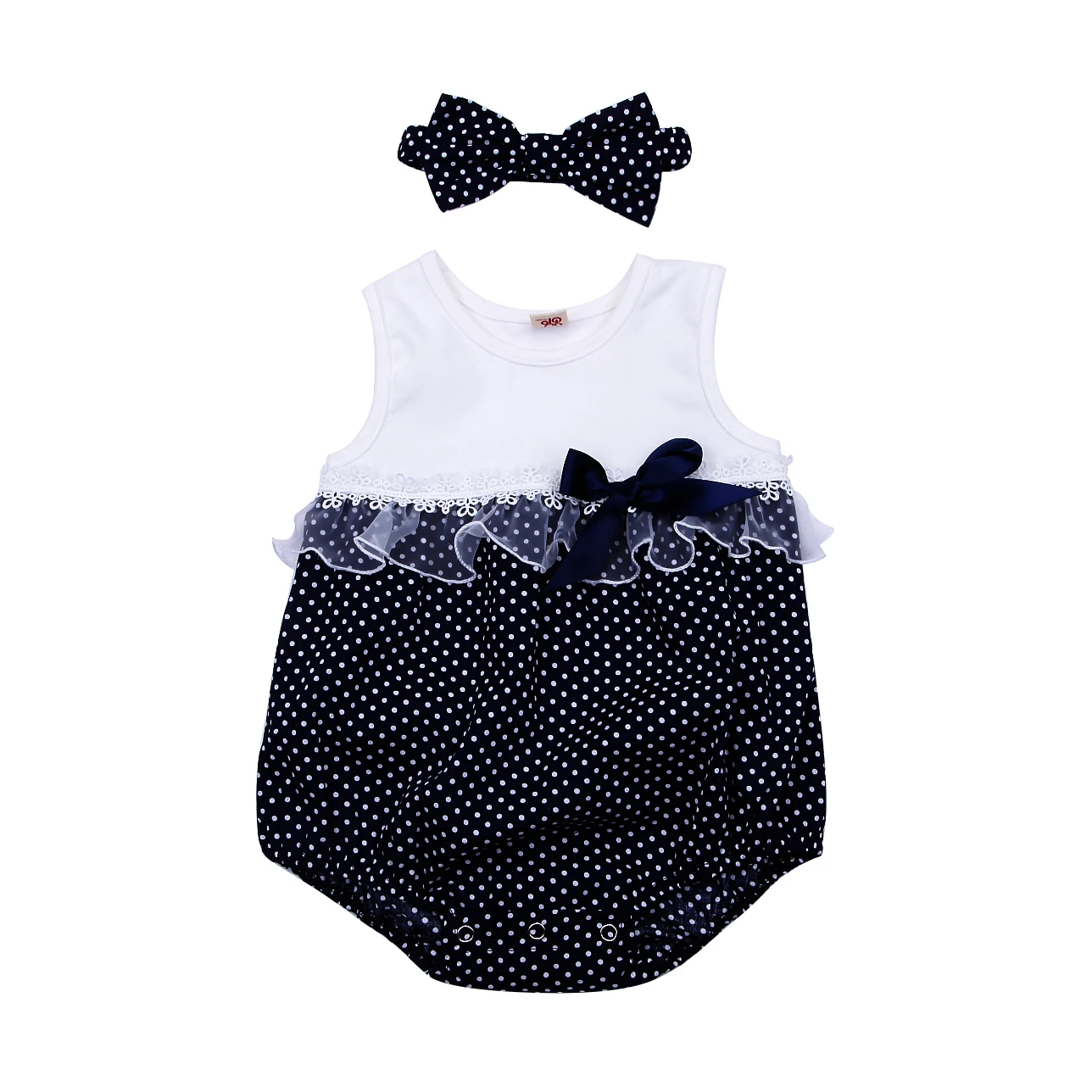Лоскутная одежда для малышей Детские комбинезоны с печатью в горошек+ повязка на голову для девочки кружевная Одежда для новорожденных без рукавов хлопковый летний комплект из 2 предметов - Цвет: Синий