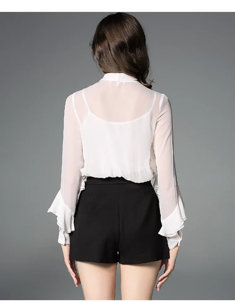 Blusas Feminino 2019 Весна Лето Высокое качество блузка рубашка Женский бант воротник длинный рукав оборки блузка Офисная Женская Однотонная