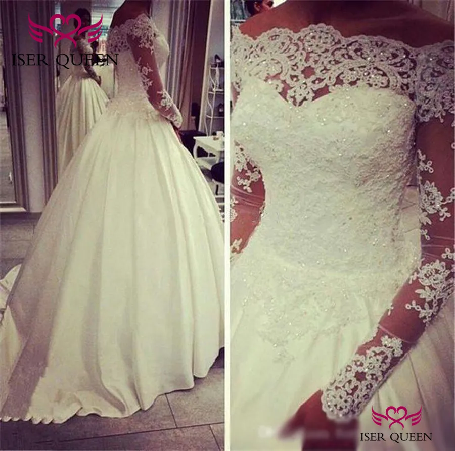 

Ball Gown Long Sleeve Sweep Train vestido de novia Sequin Beading Embroidery Vintage Lace Satin Wedding Dress 2019 W0350